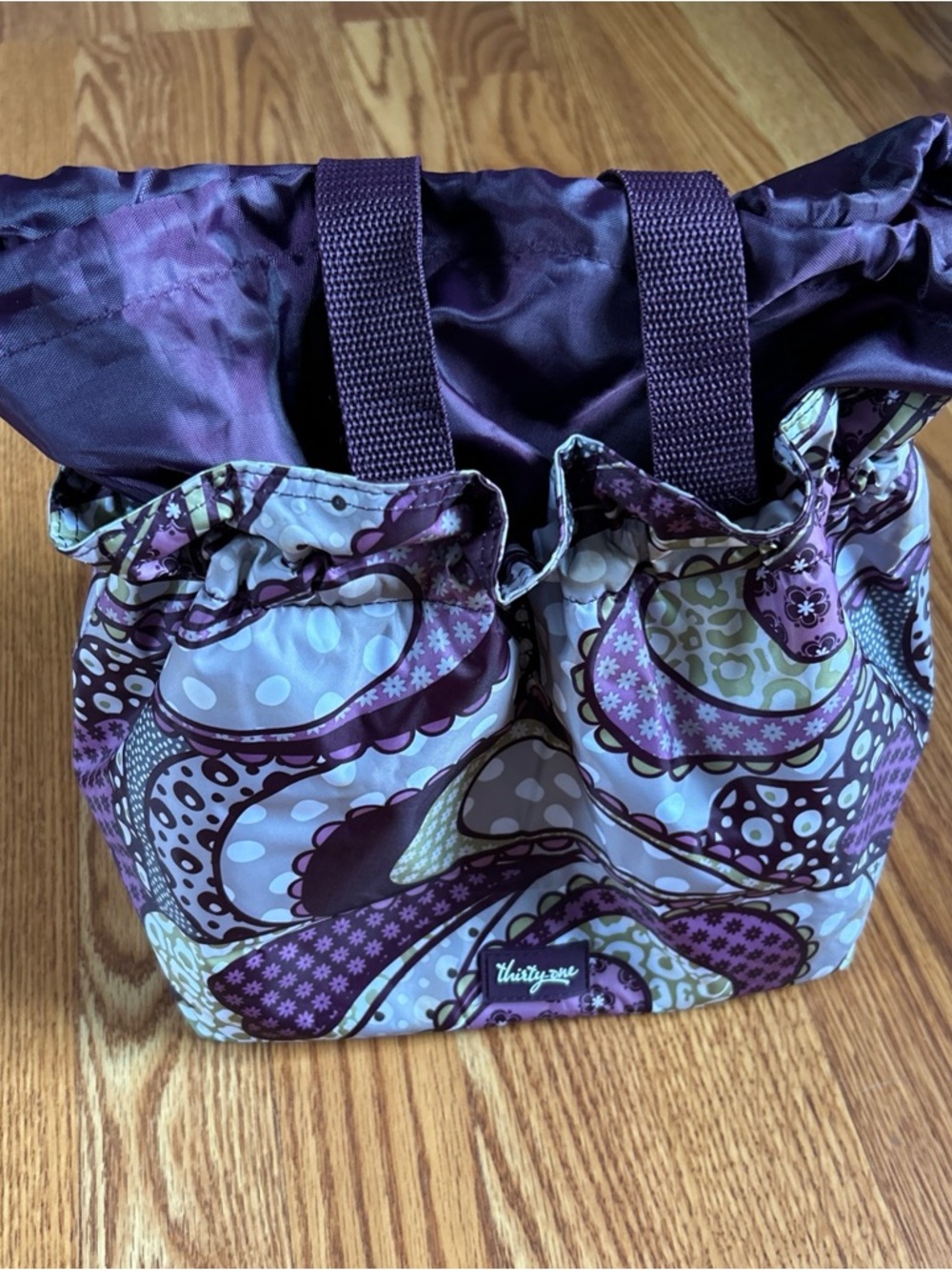 Thirty-One Cinch-Top Thermal Tote Insulated Cooler Bag Purple Paisley w/Straps